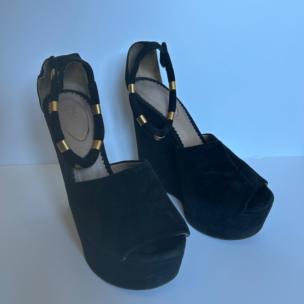 Chloe size 36 Black suede Wedge platforms w gold detail and snap - Picture 3 of 7